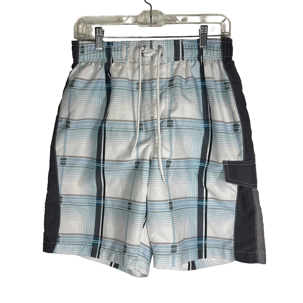 Sonoma Life Style Mens Small Plaid Swim Trunks‎ Blue White Grey Cargo Pocket
